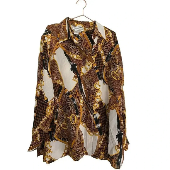 Diane Gilman Brown & Cream 100% Silk Long Sleeves Button Down Shirt Size 2X - Picture 3 of 4